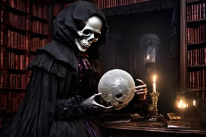 (masterpiece a Ghoul studying a crystall ball: 1.9)), necrophagous outfit: 1.2), (bandages: 1.5)), (best quality, ultra detailed, digital art: 1.37), [[Halloween Atmosphere: 1.9)), (Victorian Library background:1.5)]] masterpiece, high quality, cartoon,  high definition, super detailed, (Natural Light,, High contrast, defined blacks, silk, HDR