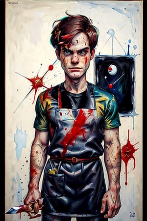 Masterpiece, high quality, detailed painting by Joan Miró, (((Dexter: 1.9))) cWith a knife, dressed in a black apron with drops and jets of blood.