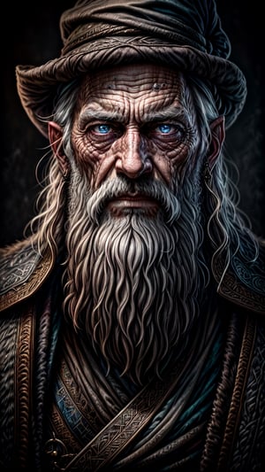 A portrait of a wizard, bearded, wrinkled, weathered, with piercing eyes, detailed face, high details, photography, dark studio, rim light, Nikon D850, 50mm, f/1.4, masterpiece, high quality, high definition, 8K, super detailed