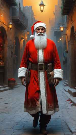 Zdzislaw Beksinski style, Santa Claus in traditional western dress in Fez Medina, hyper realistic, ambient lighting, concept art, intricate, hyper detailed, smooth, dynamic volumetric lighting, octane, cinematic
