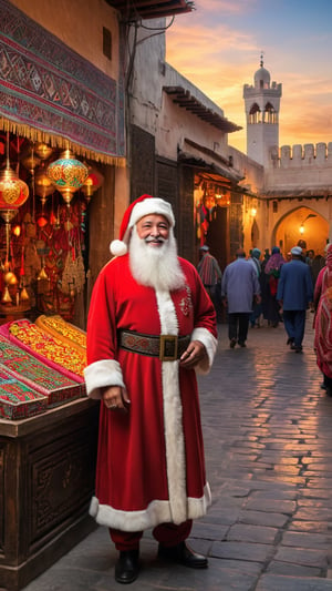 Santa Claus, dressed in traditional western attire, stands in the bustling Fez Medina. He is surrounded by vibrant colors and intricate patterns as he navigates through the labyrinthine streets. At a street stall, Santa Claus engages in the local culture. The scene exudes a joyful atmosphere, with the warm golden light of the setting sun casting a magical glow on the ancient architecture. The artwork resembles a digital illustration, reflecting the smooth brushstrokes and highly detailed textures. The composition of the image is balanced, with Santa Claus positioned at the center, surrounded by the vibrant and lively market. The art is reminiscent of the style of Greg Rutkowski, capturing the beauty and charm of Fez Medina with his signature attention to detail and rich colors.,more detail XL