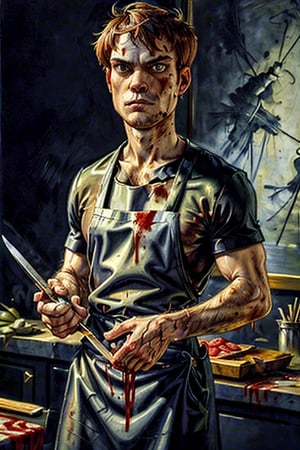 Masterpiece, high quality, detailed painting by Caravaggio, (((Dexter: 1.9))) cWith a knife, dressed in a black apron with drops and jets of blood.