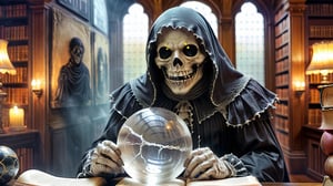 (masterpiece a Ghoul studying a crystall ball: 1.9)), necrophagous outfit: 1.2), (bandages: 1.5)), (best quality, ultra detailed, digital art: 1.37), [[Halloween Atmosphere: 1.9)), (Victorian Library background:1.5)]] masterpiece, high quality, cartoon,  high definition, super detailed, (Natural Light,, High contrast, defined blacks, silk, HDR.,monster