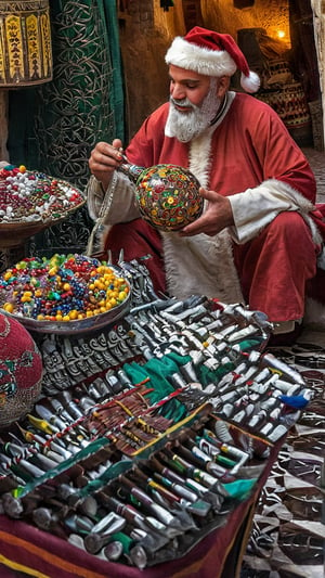 perfect hands with five fingers, (masterpiece: 1.2),(best quality, ultra detailed, photorealistic: 1.37) high quality, high definition, super detailed, unreal engine, Ultra realistic illustration, cinematic lighting, hyper-realistic photography captured with a CANON 5D MARK IV, HDR, silk, volume,Santa Claus, dressed in traditional western attire, stands in the bustling Fez Medina. He is surrounded by vibrant colors and intricate patterns as he navigates through the labyrinthine streets. At a street stall, Santa Claus engages in the local culture. The scene exudes a joyful atmosphere, with the warm golden light of the setting sun casting a magical glow on the ancient architecture. The artwork resembles a digital illustration, reflecting the smooth brushstrokes and highly detailed textures. The composition of the image is balanced, with Santa Claus positioned at the center, surrounded by the vibrant and lively market. The art is reminiscent of the style of Greg Rutkowski, capturing the beauty and charm of Fez Medina with his signature attention to detail and rich colors.