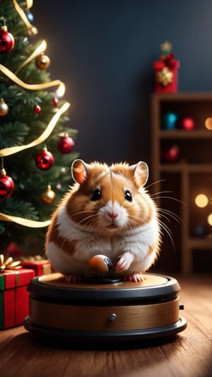 ((masterpiece: 1.2),(best quality, ultra detailed, photorealistic: 1.37) high quality, high definition, super detailed, unreal engine, Ultra realistic illustration, cinematic lighting, hyper-realistic photography captured with the best camera, HDR, silk, volume, A hamster spinning on a wheel under a Christmas tree.