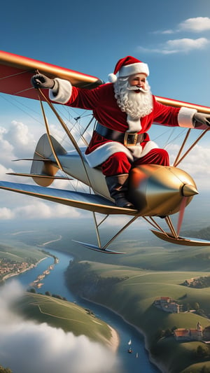 ((masterpiece: 1.2),(best quality, ultra detailed, photorealistic: 1.37) high quality, high definition, super detailed, unreal engine, Ultra realistic illustration, cinematic lighting, hyper-realistic photography captured with the best camera, HDR, silk, volume, Leonardo Da Vinci style, ((Santa Claus with Leonardo Da Vini's glider: 2)) with a WWI aviator's helmet, full of presents on his back.