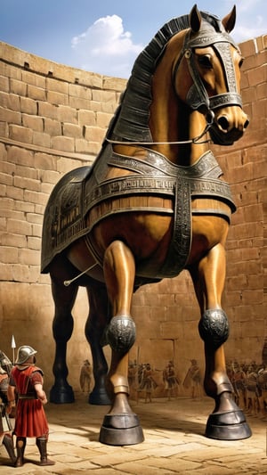 (masterpiece: 1.2),(best quality, ultra detailed, photorealistic: 1.37) high quality, high definition, super detailed, Natural Light, Hyperrealist Photography, High contrast, defined blacks, HDR, volume,Iliad style, wide plan, Troy, (((Trojan Horse taller than the walls: 2))), centered, monumental, (((Gigantic Trojan Horse made of wood: 2))), (((inside the walls of Troy: 2))), dragged by thousands of (((Spartan soldiers: 1.8))), (((on platform with wheels: 1.5))).


