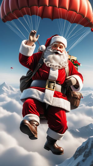 ((masterpiece: 1.2),(best quality, ultra detailed, photorealistic: 1.37) high quality, high definition, super detailed, unreal engine, Ultra realistic illustration, cinematic lighting, hyper-realistic photography captured with the best camera, HDR, silk, volume, Leonardo Da Vinci style,((Santa Claus with a parachute by Leonardo Da Vini: 2)) worldwide, full of gifts on his back.