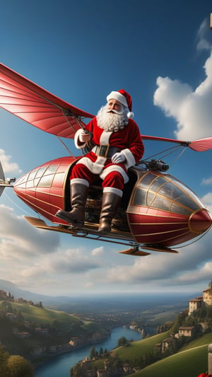 ((masterpiece: 1.2),(best quality, ultra detailed, photorealistic: 1.37) high quality, high definition, super detailed, unreal engine, Ultra realistic illustration, cinematic lighting, hyper-realistic photography captured with the best camera, HDR, silk, volume, Leonardo Da Vinci style, ((Santa Claus on Leonardo Da Vini's ornithopter: 2)), full of gifts on his back.