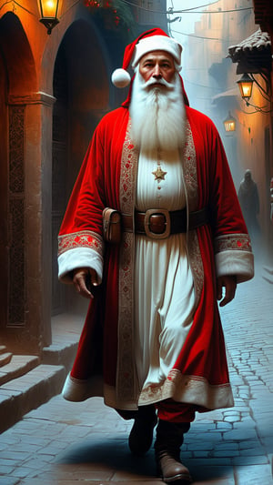Zdzislaw Beksinski style, Santa Claus in traditional western dress in Fez Medina, hyper realistic, ambient lighting, concept art, intricate, hyper detailed, smooth, dynamic volumetric lighting, octane, cinematic,more detail XL