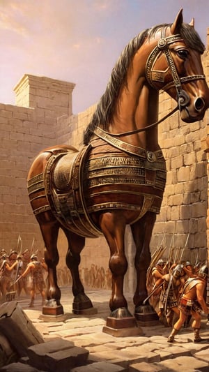 Iliad style, wide plan, Troy, (((Trojan Horse taller than the walls: 2))), monumental, (((Gigantic troll horse made of wood: 2))), (((inside the walls of Troy: 2))), dragged by thousands of (((Spartan soldiers: 1.8))), ((on platform with wheels: 1.5))).

,none