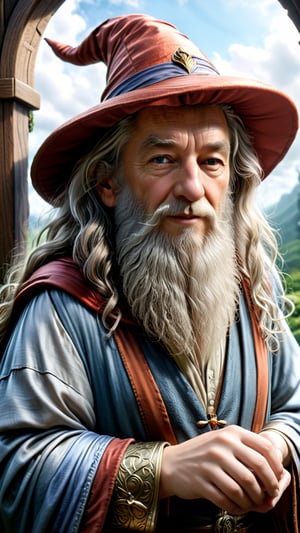 ((masterpiece: 1.2), (best quality, ultra detailed, photorealistic: 1.37) high quality, high definition, super detailed, unreal engine, Ultra realistic photography, 3d, 8k, cinematic lighting, volumetric lights, hyper-realistic photography, HDR, silk, volume, ((Jacek Yerka: 2)), Portrait of Gandalf