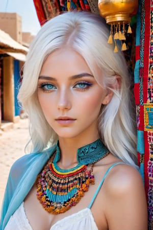 xxmix_girl, detailed eyes, white hair, a caucasian woman navigates the labyrinthine alleys, light blue eyes, surrounded by the rich scents and colors of exotic wares. Her white hair is reminiscent of the aromatic stalls, becoming a vivid highlight amidst the sensory overload. Her eyes, curious and adventurous, soak in the eclectic tapestry of Moroccan culture, bigh lashes, Realistic, realism, masterpiece, medium breast,