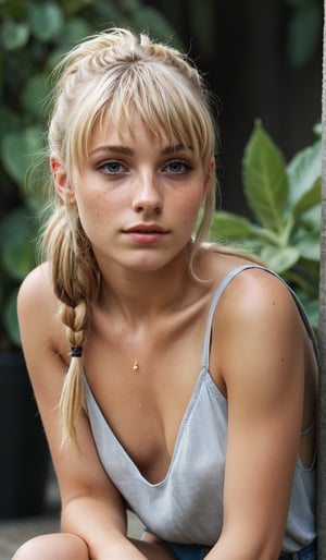 (Beauty photograph), of a italian girl, full natural lips, (freckles:1.1), long blonde haircut with long bangs, shaved sides, hazel eyes, tanned skin, high cheekbones, (wide bulbous nose:1.4), (nose turned upward:1.4), (natural skin texture, hyperrealism, soft light, sharp),Enhanced Reality,Movie Still, real,reallife, Extremely Realistic, ((full body))

looking at viewer, sitting, shorts, sleeveless, lips, short shorts, black shorts, plant, realistic