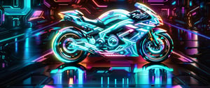 A holographic display of a side view of  brightly lit motorcycle rider in neon neons on a dark background, cyberpunk art style, sitting on cyberpunk motorbike, (with glowing tires), kilian eng vibrant colors, in style of digital illustration, kilian eng vibrant colours, neon cyberpunk, neon digital art, masterpiece epic retrowave art, epic retrowave art, cyberpunk futuristic neon, neon cyberpunk vibrant colors, retrowave epic art