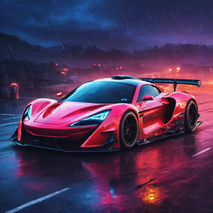 (digital artwork), EV Super car, wide body kit, modified car, racing livery, raining masterpiece, best quality, realistic, ultra highres, depth of field, (full dual colour neon lights:1.2), (hard dual colour lighting:1.4), (detailed background), (masterpiece:1.2), (ultra detailed), (best quality), intricate, comprehensive cinematic, magical photography, (gradients), colorful, detailed landscape, visual key,