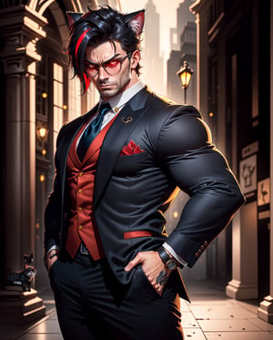  (((Mad Cat 1man with cat ears))), Americian male tone body build with black hair with red highlights wearing bright red round glasses and a Black 3 piece suit and red tie))), Dark suit, epic and  high class portrait, highly detailed exquisite fanart, Official Character Art, well - dressed, Classy, official character illustration, in his suit, Trending on ArtStation pixiv, high detailed official artwork, elegant cat , Angry face, Full body view, Front view,Portrait
