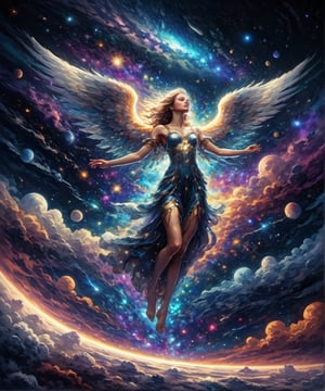 Another vibrant cosmic galaxy, dark color palette, high resolution and contrast and color contrast, complex textures and extremely subtle details, a beautiful female angel with full body glow floating in the universe, side light, super quality , exquisite works of art