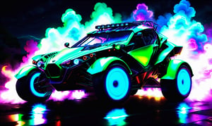 (((front view))), ultra relistic,  of a green ariel nomad  facing  viewer with headlights on, a light bar on the roof shining bright beams of white light ,  background of lightning and colorful smoke , ✏️🎨, 8k stunning artwork, vapor wave, neon smoke, hyper colorful, stunning art style, car with holographic paint, amazing wallpaper, futuristic art style, 8 k highly detailed ❤🔥 🔥 💀 🤖 🚀4k phone wallpaper, inspired by Mike Winkelmann, ,more detail XL,Leonardo,Leonardo Style