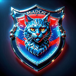 high detail, high quality, 8K Ultra HD, high quality, 8K Ultra HD, ln Family crest style, A neon mad cat on the shield in neon colors red and blue with "MadCat" text written in a fancy font underneat the shield, glass shiny style