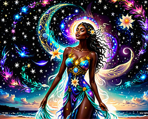 a woman in a dress standing on the beach with stars, cosmic goddess, “ femme on a galactic shore, goddess of the ocean, lady with glowing flowers dress, moon goddess, goddess art, celestial goddess, flower goddess, beautiful gorgeous digital art, beautiful goddess, goddess of the sea, beautiful digital art, goddess of galaxies, dark skin female goddess of love, venus goddess