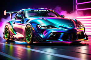 (masterpiece, best quality, ultra-detailed, 8K),toyota supra 2023 model, race car, street racing-inspired,Drifting inspired, LED, ((Twin headlights)), (((Bright neon color racing stripes))), (Black racing wheels), wide body kit, modified car,  racing livery, masterpiece, best quality, realistic, ultra highres, (((depth of field))), (full dual colour neon lights:1.2), (hard dual colour lighting:1.4), (detailed background), (masterpiece:1.2), (ultra detailed), (best quality), intricate, comprehensive cinematic, magical photography, (gradients), glossy,aesthetic,intricate, realistic,cinematic lighting, Neon tungsten Paint,cyberpunk style