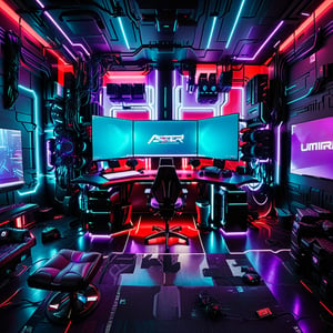 (((NO PEOPLE!!!))) pc hacker room with a huge PC setup on a  big black and red desk with 8 large computer screens built in and computers on shelves , a dimly lit gaming room with multiple monitors and a gaming chair, gaming room, cyberpunk setting, dark setup, gamer themed, gaming room in 2 0 4 0, gamer aesthetic, gamer screen on metallic desk, 8 k wide shot, in a cyberpunk themed room, thicc build, purple and cyan lighting, satisfying cable management, cyberpunk vibe, Controle room style, wide angle view, modern, high detail, backlighting, glowing light, cinematic lighting, depth of field, first-person view, Ultra-Wide Angle, masterpiece, ccurate, anatomically correct, super detail, award winning, highres, 4K, 8k,More Detail,Futuristic room,