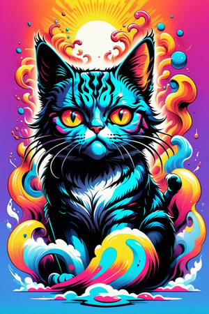 A psychedelic illustration of a Mad Cat beautiful perfectly smooth pussy, t-shirt design, cartoon,T shirt design,vapor_graphic