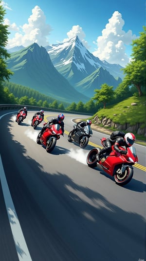 5 Ducati Panigale V4 riders streak across the winding asphalt, their sleek motorcycles leaving trails of smoke as they hurtle towards the rugged mountain range in the distance. The matte painting-style backdrop features towering peaks, lush green forests, and wispy cloud formations. Sunlight casts long shadows on the road, illuminating the motorcyclists' helmets and jackets as they bank into a turn, their tires screeching in perfect harmony., retina, accurate, masterpiece, super detail, high details, best quality, award winning, highres, HD, 4K, 8k, 16k, retina, accurate, masterpiece, anatomically correct, textured skin, super detail, high quality, award winning, highres, 8k, 16k,illustration,cartoon,anime,manga,drawing,VIVID