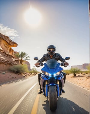 man riding a motorcycle down a road in the desert, riding a motorcycle, riding a futuristic motorcycle, front facing shot, photo shot, photo mid shot, speeding on motorcycle, front perspective, motorcycle, environmental shot, motorcycles, photo - shot, badass composition, motorbiker, riding a motorbike down a street, riding on the road