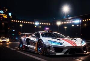 (best quality, 4k, highres, masterpiece:1.2), ultra-detailed, realistic, HDR, studio lighting, Professional, vivid colors, Physically-based rendering, extreme detail description, Bokeh, (Racing car, cyber Car), front view, cyberpunk, retro, zeekars, (with glowing rims), wide tires, parking lot, night city, cyberpunk theme, cyberpunk city , Depth of field, intricate details, volumetric lighting , (dynamic composition), highly detailed, colorful details, (iridescent colors), (glowing lighting, atmospheric lighting), (solo), lens flare, (colorful), Cinematic light, high-res, sharp focus, smooth, colorful light, particles, (white and silver colors schemes),