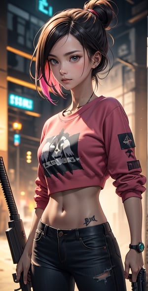 dark gothic cyberpunk woman, defiant face, pastel colors, in clothes, colorful hair, light yellow sweatshirt, pants, black, with pink, guns hd, high detail, huoshen, TheLastOfUs, mgln
