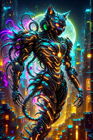  futuristic mecha human black Mad Cat, with glowing cybernetic enhancements prowls through a golden neon-lit cityscape  neon vivid colors, SelectiveColorStyle,DonM3l3m3nt4lXL,hdsrmr