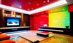 A wide-angle shot captures the masculine high tech modern and classy fung shui vibe of the living room, a TV covers a hole wall projector style with the screen displaying a colorful vibrant clear image of a Ferrari, every color and form in the room has equal balance, the room has a uniformed square checkerboard patern marble floor that is the central focal point amidst the tall walls and soaring ceiling. The camera gazes upon the square space, with a  larger back wall and shorter side walls that are even and have no doors, the room is about new beginnings and possibilities.