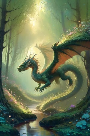 an adorable baby moss dragon in a forest :: dissolving into glitter and clover flowers :: awwchang :: miles-df :: professional majestic oil painting by Ed Blinkey :: Atey Ghailan :: Studio Ghibli :: Oil splash, Oil stained, fluid gouache illustration :: ink splash :: ((Jeremy Mann)) :: Greg Manchess :: Antonio Moro :: (((trending on ArtStation))) :: trending on CGSociety :: volumetric lighting :: dramatic lighting :: James Jean :: Victo Ngai,DragonConfetti2024_XL