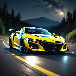 Race cars in a high speed street race (best quality,4k,8k,highres,masterpiece:1.2),ultra-detailed, ((a customized car)), ((street racer)), ((a beautiful paintjob)), ((fully detailed)), illustration, vivid colors, GTR, NSX,  Drifting, going fast, night, bright yellow headlights,setting USA Oregon's Mountain roads, No text on signs, Late night time dark skys filled with moonlight and bright stars,1 car.,Nature,modelshoot style, Fast action style,
