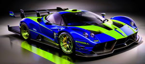 Pagani zonda sports car, yellow color with blue designs, fiberglass cover, running in a car show in esposition in France, Surrealism, ray tracing, reflection light, super detail, award-winning, masterpiece, high quality, highres, 8k, 16k