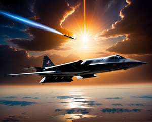 realistic, a fighter jet flying in the sky with clouds below sun behind in the background bathing everying in the suns color glow, Stelth v wing lockheed concept art, 5th gen fighter, b - 2 bomber, boeing concept art, top secret space plane, us airforce, fighter drones, military drone, by Jason Felix, roswell air base, boeing concept art painting, nasa, by Robert Peak, by John Luke, in the near future,Movie Still