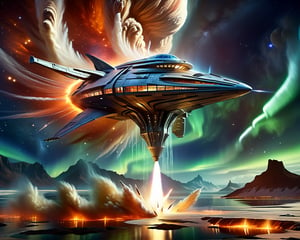 A large, sleek starfighter with wide wings lifts off from a massive ship port structure on a futuristic platform. The rocket engines at the base of the ship ignite, spewing forth two fiery cones into the air. The scene is reminiscent of a NASA space shuttle launch, with the spaceship soaring above a distant island, bathed in the ethereal glow of an aurora-like environment. In the distance, another spaceship flies across the starry expanse, while a dry river bed stretches out like a silver ribbon below.,more detail XL