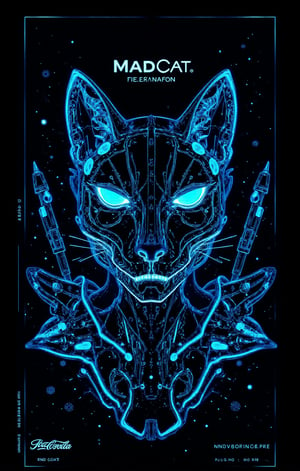 A futuristic cybernetic cat head, front-facing, is meticulously illustrated in 3D style on Blue paper. The feline's face glows striking white with piercing blue eyes and a blue nose set against a black background. White outlines define the face, contrasting with a black nose and detailed, glowing light blue eyes. Pointed ears and nose frame the face, surrounded by intricate blue lines forming the shape of the fox's nose. The bold phrase MadCat is written in white letters at the top. Mechanical parts and technical details are showcased through precision vector illustration, highlighted with white pencil lines and nuts/bolts. Measurements and specifications are outlined, adding an air of majesty to this epic fantasy art masterpiece. In stunning 16K UHD resolution, every detail shines, from the intricate textures to the super-sharp focus, making this artwork a true work of art.,Neon,aidmaGlow