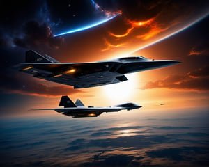 Super realistic, a fighter jet flying in the sky with clouds below sun behind in the background bathing everying in the suns color glow, Stelth v wing lockheed concept art, 5th gen fighter, b - 2 bomber, boeing concept art, top secret space plane, us airforce, fighter drones, military drone, by Jason Felix, roswell air base, boeing concept art painting, nasa, by Robert Peak, by John Luke, in the near future, Movie Still, masterpiece, super detail, best quality, award winning, highres, 4K, 8k, 16k