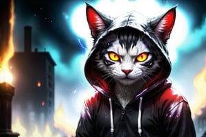 Text Mad Cat, (((1boy))) , ((solo male)), cat ears, animal ears, Black with red highlights hair, yellow glowing eyes, Mad face, crazy smile, epic,8k,fantasy,ultra detailed,Magic,((hood)),(hoodie),casting spell,blackhole,menancing,((glowing eyes)),((glowing)),((Bloom)),magnificent,Masterpiece, best quality, standing,cat man , evil, evil grin, apocalypse, destruction,e nd of the world, crazy eyes, Crazy, psychotic, superior, Manly,(sadistic),((demoniac)), ,wrenchsmechs,Female,Portrait
