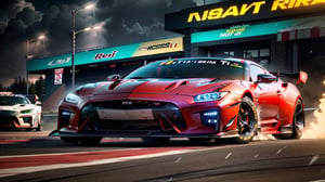 Race cars in a high speed street race (best quality,4k,8k,highres,masterpiece:1.2),ultra-detailed, ((a customized car)), ((street racer)), ((a beautiful paintjob)), ((fully detailed)), illustration, vivid colors, GTR, NSX,  Drifting, going fast, night, bright yellow headlights,setting USA Oregon's Mountain roads, No text on signs, Late night time, Set in a rain storm with lightning,1 car.,Nature, model shoot style, Fast action style, Sideways drifting in to a turn, Red and black cars, ,Movie Still,H effect,Car,sports car,super car