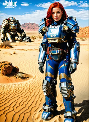 (((Fullbody view))), photorealistic, high resolution, 1women, solo,  (detailed face), bright red hair, long hair, fallout vaultsuit pipboy3000, blue suit, A full body photograph of a beautiful 20 year old red hair girl wearing a Vault Suit in a desert wasteland standing next to T60 power armor, Perfect Hands, perfect face,Power Armor