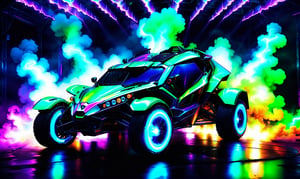 (((front view))), ultra relistic,  of a green ariel nomad  facing  viewer with headlights on, a light bar on the roof shining bright beams of white light ,  background of lightning and colorful smoke , ✏️🎨, 8k stunning artwork, vapor wave, neon smoke, hyper colorful, stunning art style, car with holographic paint, amazing wallpaper, futuristic art style, 8 k highly detailed ❤🔥 🔥 💀 🤖 🚀4k phone wallpaper, inspired by Mike Winkelmann, ,more detail XL,Leonardo