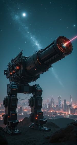 (Giant Weapon), A giant laser cannon in the high-tech era, located on the edge of a future city. This laser cannon is made of black metal, covered with complex circuits and control panels, and its muzzle points towards the distant starry sky. The lights of the city and the stars in the night sky complement each other, creating a futuristic atmosphere full of technology. Beautiful cinematic lighting, surreal, RAW photo, color graded, dynamic movement, captivating chiaroscuro, (special effects:0.1), full body, award-winning, cinematic still, emotional, vignette, dynamic, vivid, (masterpiece, best quality, photorealistic, Professional, perfect composition, very aesthetic, absurdres, ultra-detailed, intricate details:1.3)