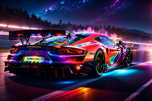  (masterpiece, best quality, ultra-detailed, 8K), race car, street racing-inspired,Drifting inspired, LED, ((Twin headlights)), (((Bright neon color racing stripes))), (Black racing wheels), Wheelspin showing motion, Show car in motion, Burnout,  wide body kit, modified car,  racing livery, masterpiece, best quality, realistic, ultra highres, (((depth of field))), (full dual colour neon lights:1.2), (hard dual color lighting:1.4), (detailed background), (masterpiece:1.2), (ultra detailed), (best quality), intricate, comprehensive cinematic, magical photography, (gradients), glossy, Night with galaxy sky, Fast action style, fire out of tail pipes, Sideways drifting in to a turn, Neon galaxy metalic paint with race stripes, GTR Nismo, NSX, Porsche, Lamborghini, Ferrari, Bugatti, Ariel Atom, BMW, Audi, Mazda, Toyota supra, Lamborghini Aventador,  aesthetic,intricate, realistic,cinematic lighting, Neon Paint, streaks of fire,c_car,more detail XL,mecha