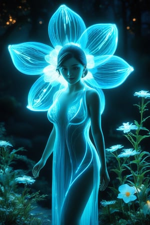 A beautiful woman figure with a glowing blue flower design under water, resembling a flower's structure, stands amidst a garden of luminescent plants and flowers against a dark background, emphasizing its radiant quality. The scene showcases a harmonious blend of nature and technology, as if bio-engineering and futuristic botanical exploration converge.