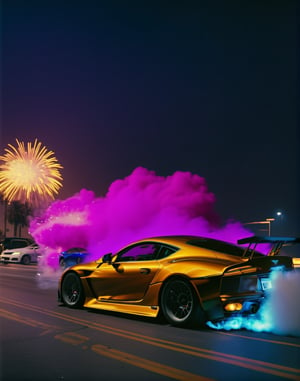 Film still action movie, supercars high speed chase in Los Angeles at night, and explosions ocurring, resulting in crashes and explosions, low angle, neon lights, dynamic movement, low saturated color, taked by Arri Alexa 65, directed by Michael Bay, style raw
