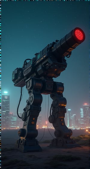 (Giant Weapon), A giant laser cannon in the high-tech era, located on the edge of a future city. This laser cannon is made of black metal, covered with complex circuits and control panels, and its muzzle points towards the distant starry sky. The lights of the city and the stars in the night sky complement each other, creating a futuristic atmosphere full of technology. Beautiful cinematic lighting, surreal, RAW photo, color graded, dynamic movement, captivating chiaroscuro, (special effects:0.1), full body, award-winning, cinematic still, emotional, vignette, dynamic, vivid, (masterpiece, best quality, photorealistic, Professional, perfect composition, very aesthetic, absurdres, ultra-detailed, intricate details:1.3)